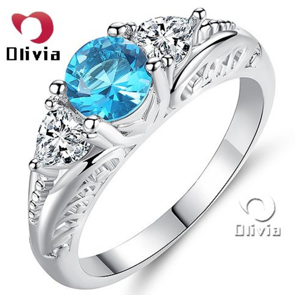 Blue Aquamarine CZ Heart Silver White Gold Ring 9